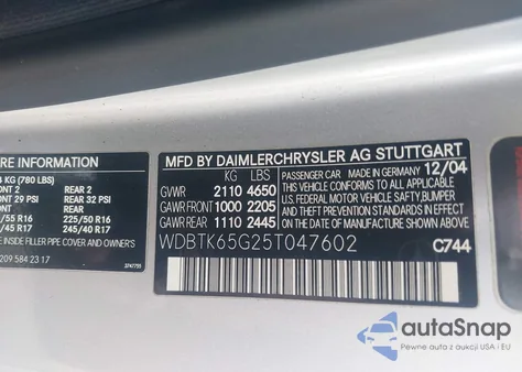 2005 Mercedes-Benz Clk 320 из США, поврежденный, VIN WDBTK65G25T047602